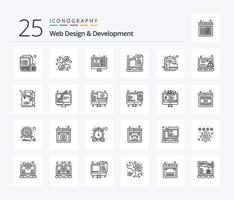 paquete de iconos de 25 líneas de diseño y desarrollo web que incluye archivo. computadora portátil. diseño. archivos dispositivo vector