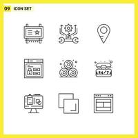 Mobile Interface Outline Set of 9 Pictograms of straw code tools louck browser Editable Vector Design Elements