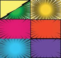 Comic book colorful frames background with halftone rays radial and dotted effects pop art style vector