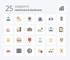 servicios de hotel y elementos de la ciudad paquete de iconos de 25 colores planos que incluye movimiento. escalera. navegador. eléctrico. escalera vector