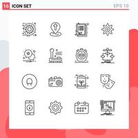 Universal Icon Symbols Group of 16 Modern Outlines of alert notification pin gear leaf Editable Vector Design Elements