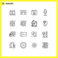 Pack of 16 Modern Outlines Signs and Symbols for Web Print Media such as sauna mic interface broadcast muslim Editable Vector Design Elements