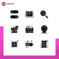 Set of 9 Commercial Solid Glyphs pack for scheme architecture magnifier apartment security Editable Vector Design Elements