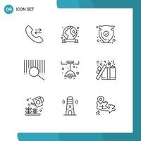 9 User Interface Outline Pack of modern Signs and Symbols of light kitchen shield search barcode Editable Vector Design Elements