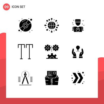 conjunto moderno de 9 glifos y símbolos sólidos, como ingeniería de mecanización, mecánica, ciencia aplicada, tapas, elementos de diseño de vectores editables