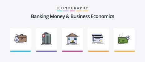 La línea de dinero bancario y economía empresarial llenó un paquete de 5 iconos, incluida la banca. arquitectura. negocio. proteccion. seguro. diseño de iconos creativos vector