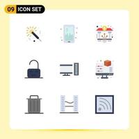 9 User Interface Flat Color Pack of modern Signs and Symbols of pc computer banking unlock off Editable Vector Design Elements