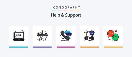la línea de ayuda y soporte llenó el paquete de 5 iconos, incluido el mundo. servicios. engranaje. ayuda. información. diseño de iconos creativos vector