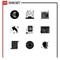 Mobile Interface Solid Glyph Set of 9 Pictograms of book left computer up arrow Editable Vector Design Elements