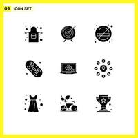 Pack of 9 Modern Solid Glyphs Signs and Symbols for Web Print Media such as laptop board mission skate smoking Editable Vector Design Elements