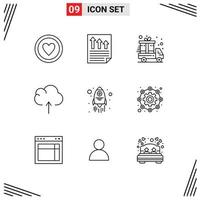 Group of 9 Modern Outlines Set for spaceship launch report upload cloud Editable Vector Design Elements