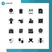 Pack of 16 Modern Solid Glyphs Signs and Symbols for Web Print Media such as setting idea test bulb eye Editable Vector Design Elements