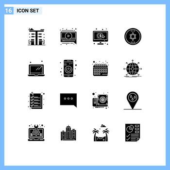 Group of 16 Modern Solid Glyphs Set for laptop computer click magic circle Editable Vector Design Elements