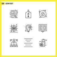 Group of 9 Modern Outlines Set for lamp bulb computer graphics spider halloween Editable Vector Design Elements