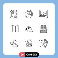Group of 9 Modern Outlines Set for book hiking photo sun nature Editable Vector Design Elements