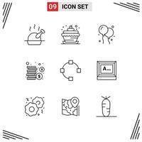 Mobile Interface Outline Set of 9 Pictograms of typing points fly path money Editable Vector Design Elements