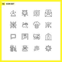 Group of 16 Modern Outlines Set for crowdfunding unlock badge envelope communication Editable Vector Design Elements