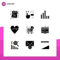 Pack of 9 creative Solid Glyphs of computer new item connection black friday heart Editable Vector Design Elements