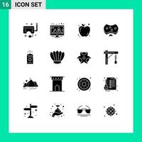 Group of 16 Modern Solid Glyphs Set for china soap apple medical health Editable Vector Design Elements