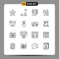 User Interface Pack of 16 Basic Outlines of security cam hand ddrink bottle Editable Vector Design Elements