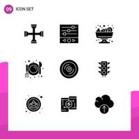 conjunto de 9 iconos de interfaz de usuario modernos símbolos signos para amor disco ondas sonoras comida café elementos de diseño vectorial editables vector