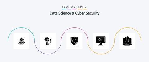 Data Science And Cyber Security Glyph 5 Icon Pack Including surveillance. online. fire. monitor. security vector