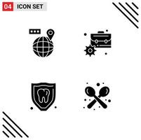 Pack of 4 creative Solid Glyphs of world protection location finance tooth Editable Vector Design Elements