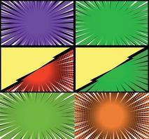 Comic book colorful frames background with halftone rays radial and dotted effects pop art style vector