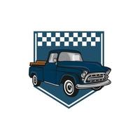 Retro car repair garage sign with retro style truck. Custom restoration shop. Truck  illustration of classic retro style truck. Isolated on grey. vector