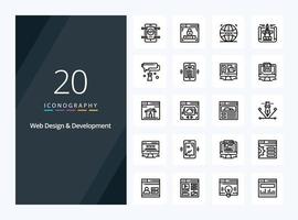 20 icono de esquema de diseño y desarrollo web para presentación vector