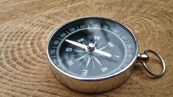 metal compass on the stump of the tree, close-up photo