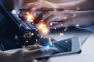 businessmen Fingerprint scanning and biometric authentication, processing of biometric for access personal data. surveillance and security scanning of digital programs cyber futuristic applications photo