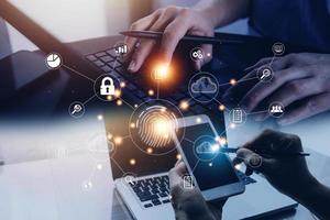 businessmen Fingerprint scanning and biometric authentication, processing of biometric for access personal data. surveillance and security scanning of digital programs cyber futuristic applications photo