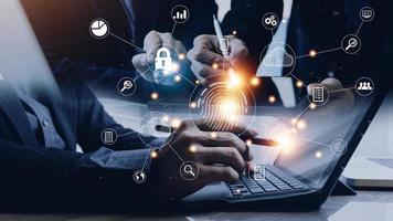 businessmen Fingerprint scanning and biometric authentication, processing of biometric for access personal data. surveillance and security scanning of digital programs cyber futuristic applications photo