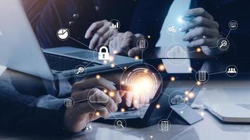 businessmen Fingerprint scanning and biometric authentication, processing of biometric for access personal data. surveillance and security scanning of digital programs cyber futuristic applications photo