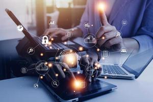businessmen Fingerprint scanning and biometric authentication, processing of biometric for access personal data. surveillance and security scanning of digital programs cyber futuristic applications photo