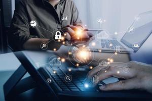 businessmen Fingerprint scanning and biometric authentication, processing of biometric for access personal data. surveillance and security scanning of digital programs cyber futuristic applications photo