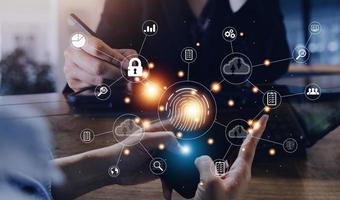 businessmen Fingerprint scanning and biometric authentication, processing of biometric for access personal data. surveillance and security scanning of digital programs cyber futuristic applications photo