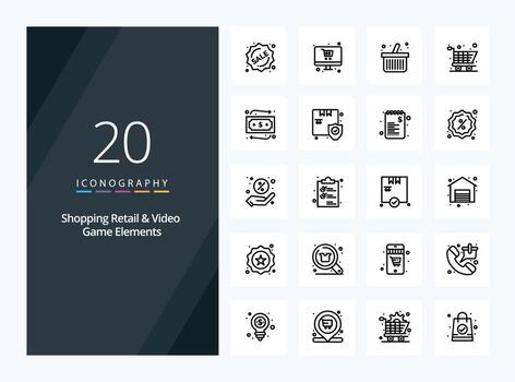20 Shoping Retail And Video Game Elements Outline icon for presentation vector