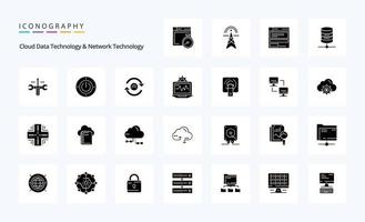 25 tecnología de datos en la nube y paquete de iconos de glifo sólido de tecnología de red vector