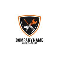 Shield repair logo design, mechanic tools in shield vector icon. Car repair service, wrench, plumber vector illustration.