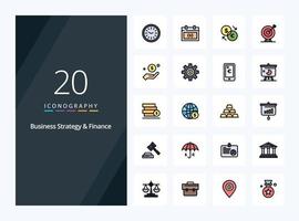 20 iconos llenos de línea de estrategia y finanzas de negocios para presentación vector