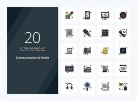 20 iconos llenos de línea de comunicación y medios para presentación vector