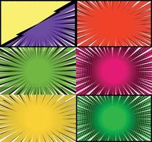 Comic book colorful frames background with halftone rays radial and dotted effects pop art style vector