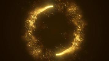 Abstract yellow gold fiery energy lines and cyclic circles with magic bokeh from particles, abstract background. Video 4k, motion design