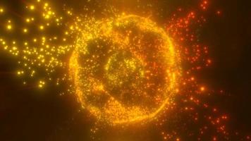 Abstract round yellow orange sphere light bright glowing from energy rays and magic waves from particles and dots, abstract background. Video 4k, motion design