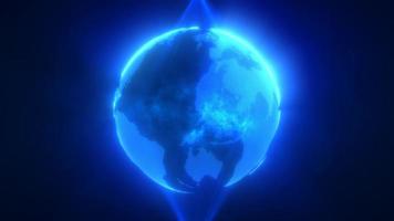 la planète bleue abstraite tourne avec des particules futuristes de haute technologie, une énergie magique brillante et brillante, un arrière-plan abstrait. vidéo 4k, conception de mouvement video