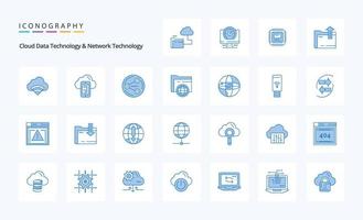 25 tecnología de datos en la nube y paquete de iconos azules de tecnología de red vector