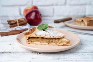 Homemade piece of apple pie with fresh red apples on white table photo