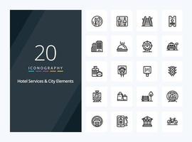 20 Hotel Services And City Elements Outline icon for presentation vector